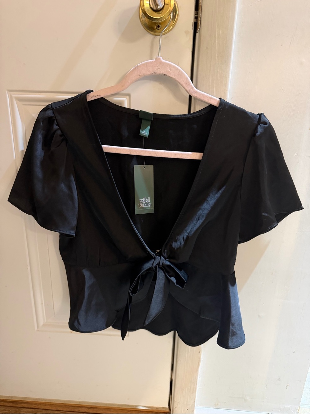 wild fable Black Satin Tie-Front Crop Blouse